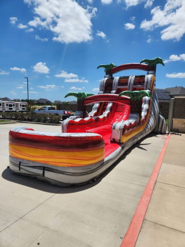 Thrill guests with the 18' Dual Lane Orange Gush Water Slide! Vibrant tropical design, dual lanes, and endless fun for all ages!